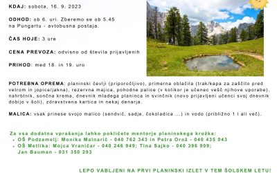 Vabilo na prvi planinski izlet na Slemenovo špico, 16. 9. 2023